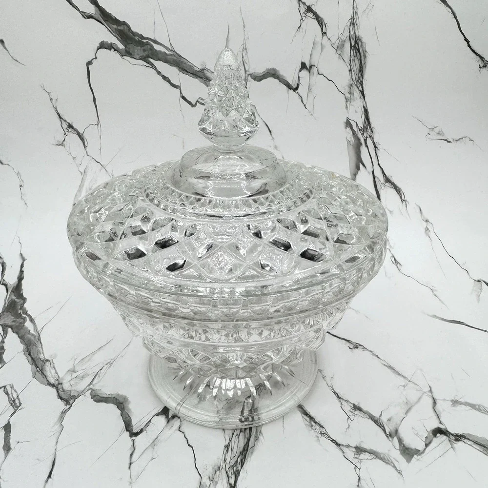 Vtg Anchor Hocking Wexford Clear Glass Pedestal Candy Dish w Lid MCM Grannycore